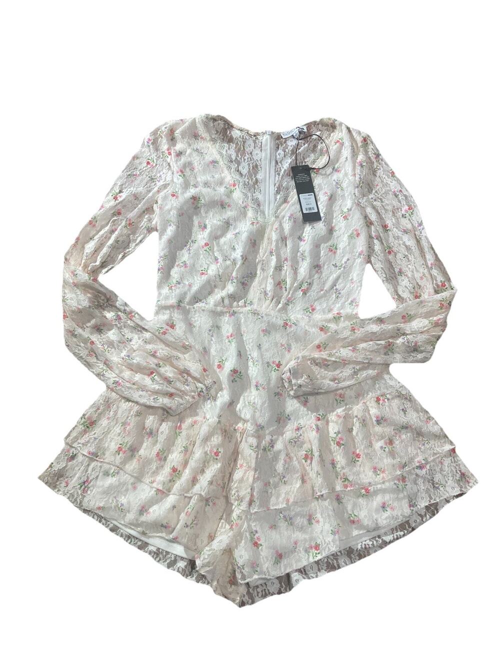 Fashion Nova Sz S White White Multicolor Floral Long Sleeve Ruffle Romper Lace